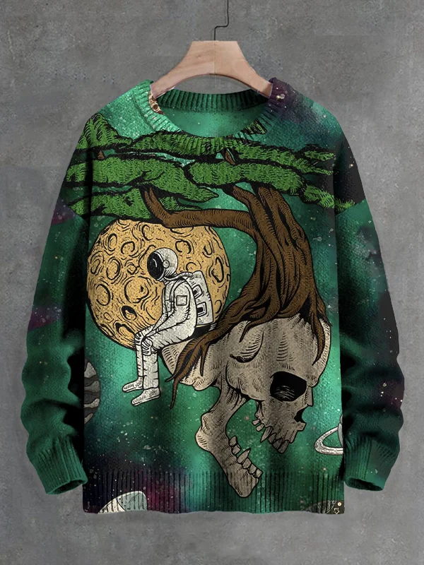Men's Astronaut Meets Mysterious Skull Tree In Space Print Knit Sweatshirt