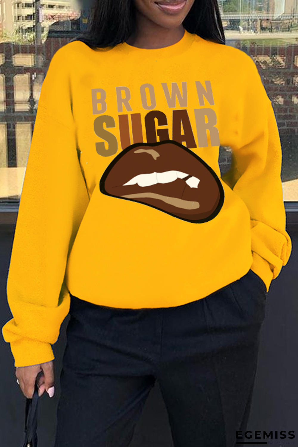 Yellow Casual Vintage Lips Printed Patchwork O Neck Tops | EGEMISS