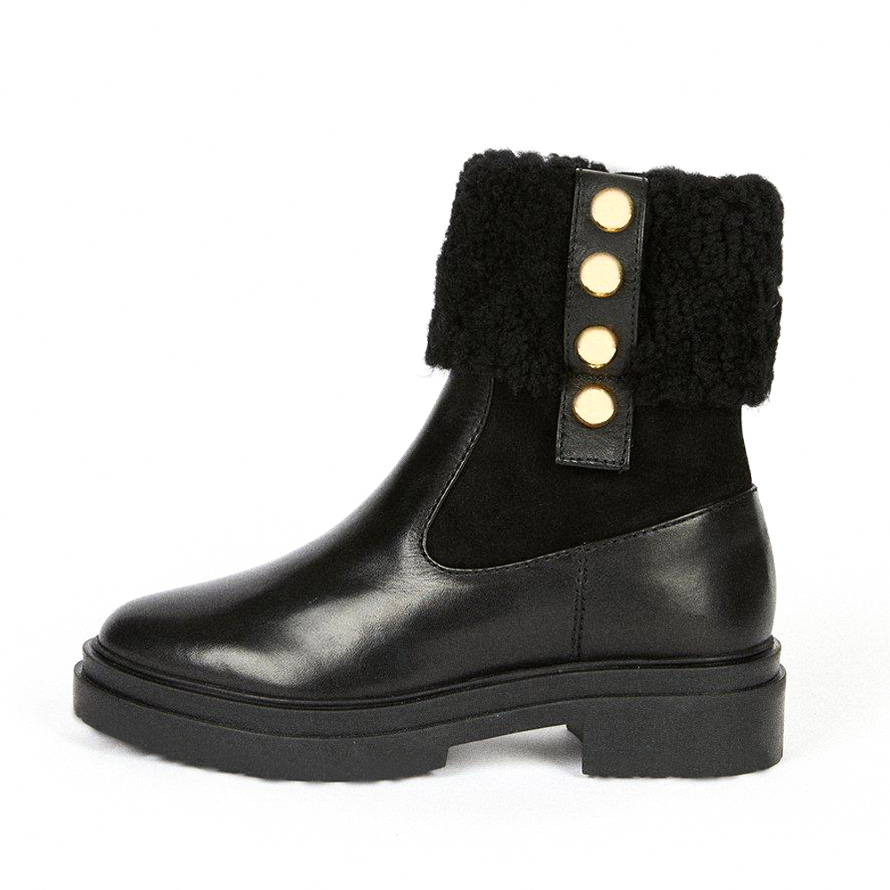Black Round Toe Low Chunky Heel Furry Winter Boots with Studs Nicepairs