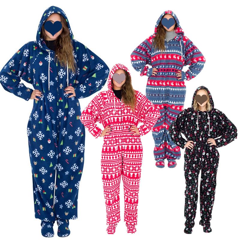 Christmas Pajamas Jumpsuits with Hood for Adults Stay Home Holiday Wear-Pajamasbuy