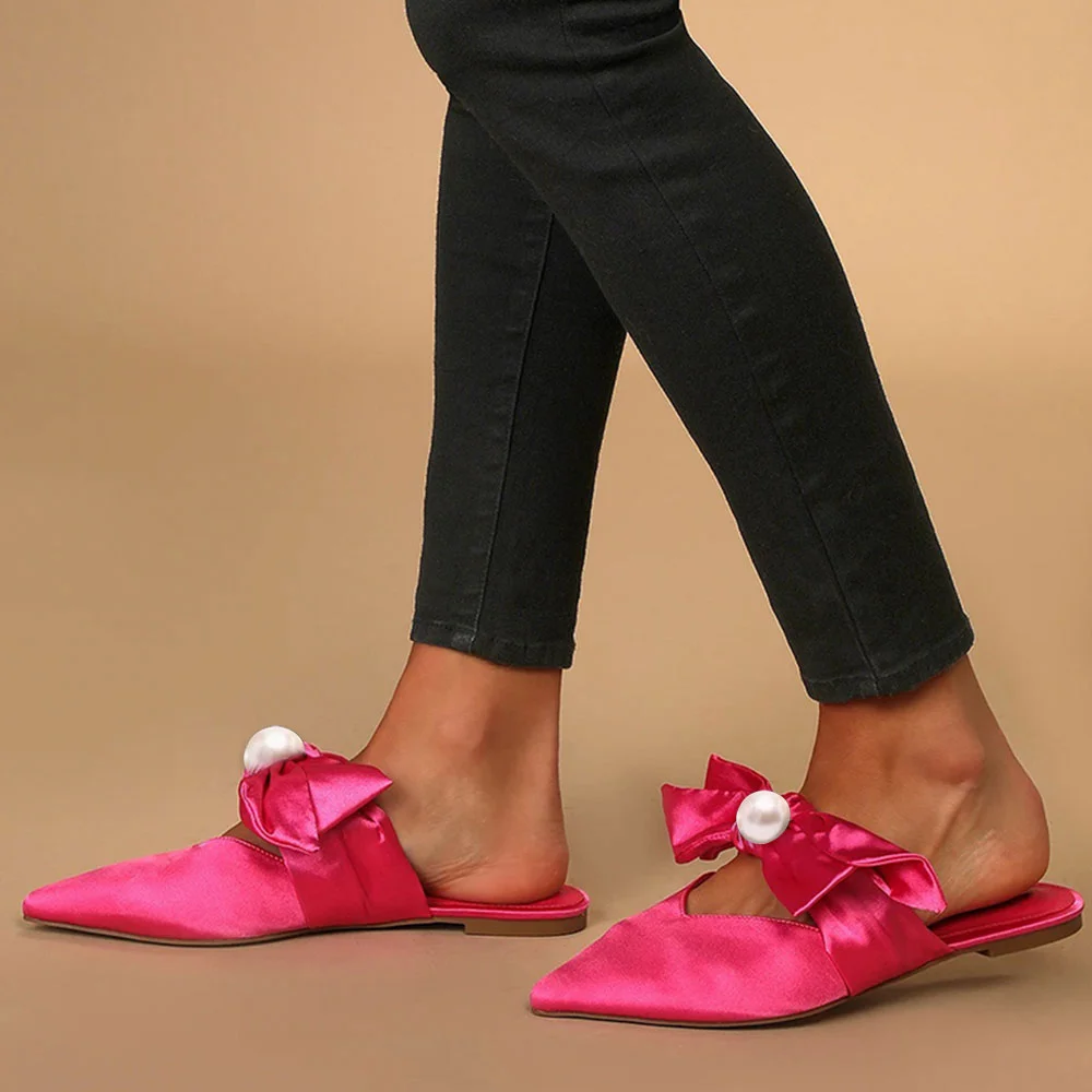 Pink Satin Wide Flat Slipper Strap Oversized Bow Sandals Nicepairs