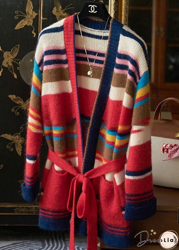 New Striped Tie Waist Pockets Patchwork Knit Cardigan Fall