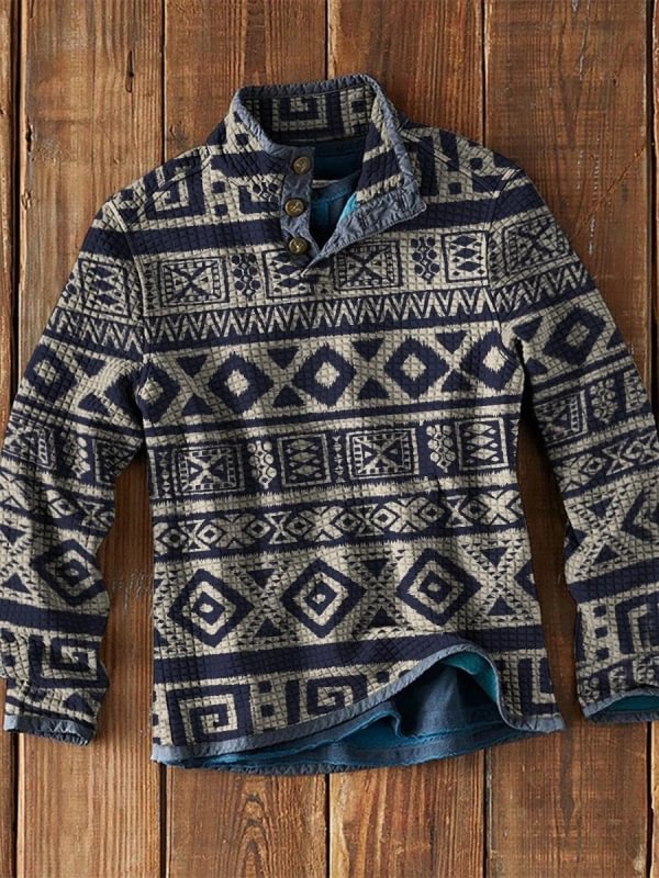 Men's Waffle Collar Printed Long Sleeve T-Shirt