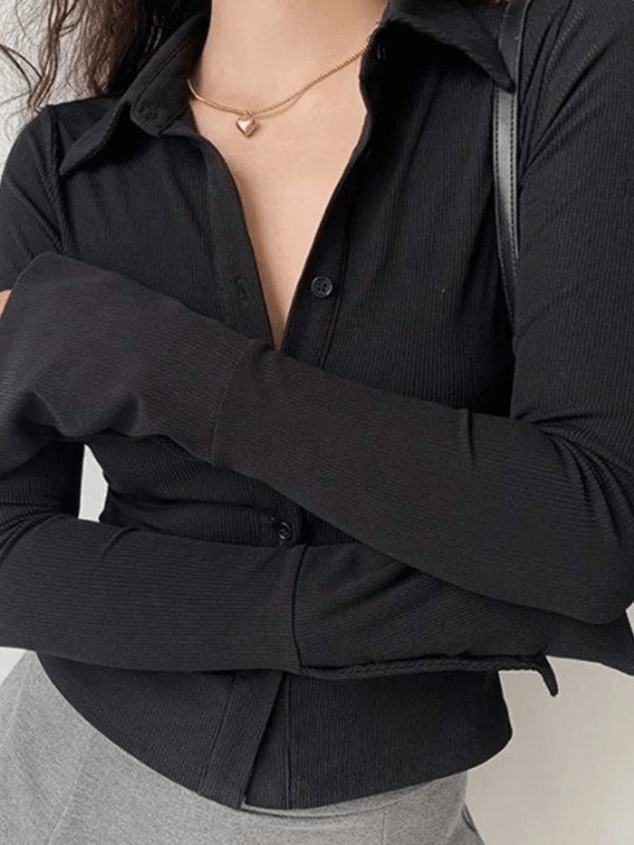 Brownm vintage polo collar long sleeve rib blouse