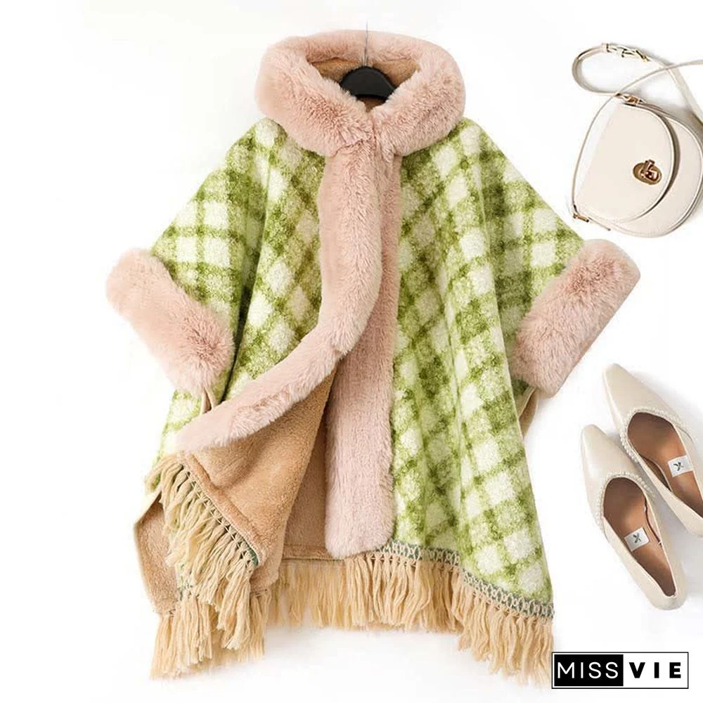Plaid Print Furry Collar Fringed Casual Hooded Cloak Coat