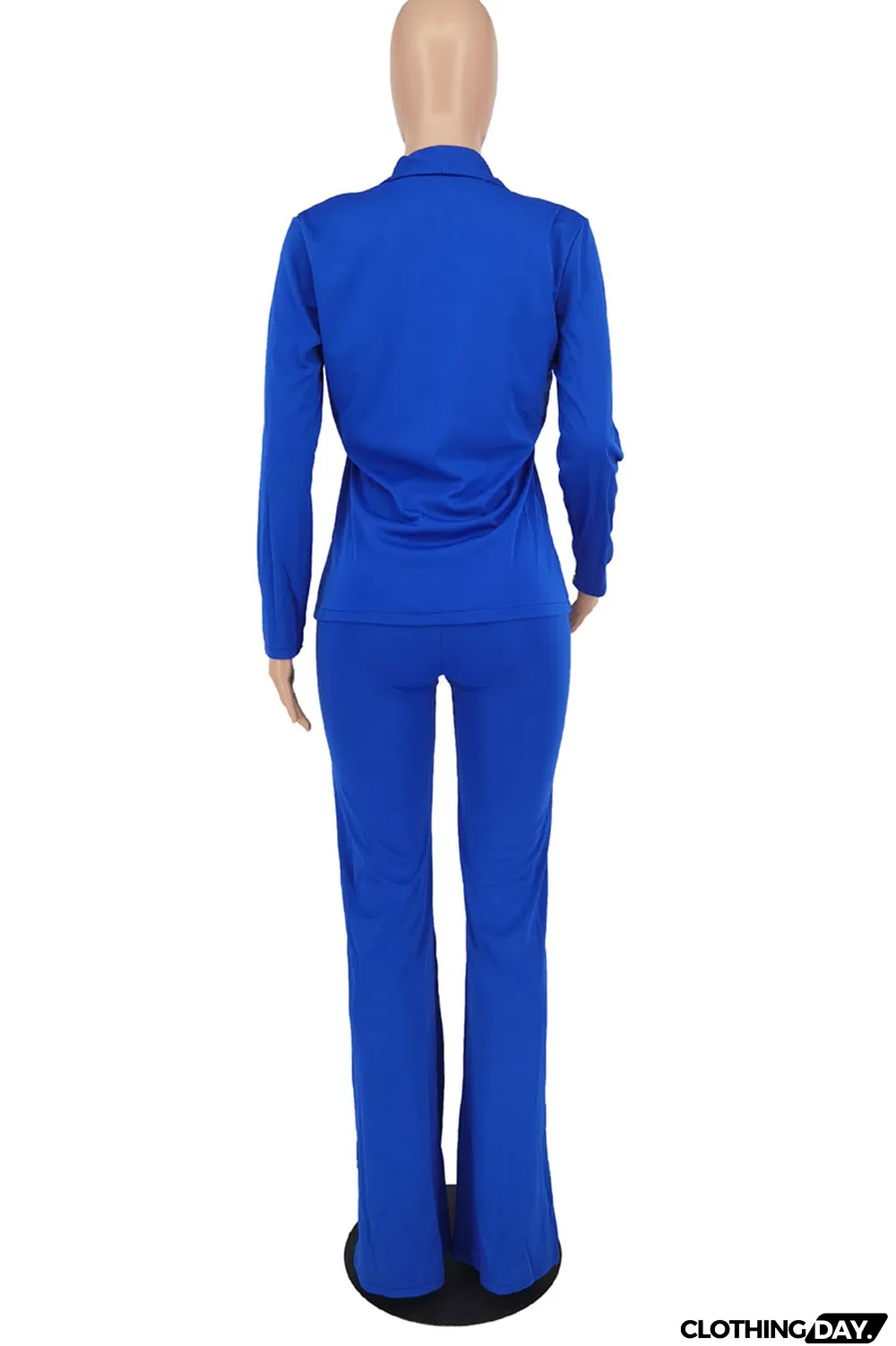 Blue Casual Solid Patchwork Turn-back Collar Long Sleeve Two Pieces