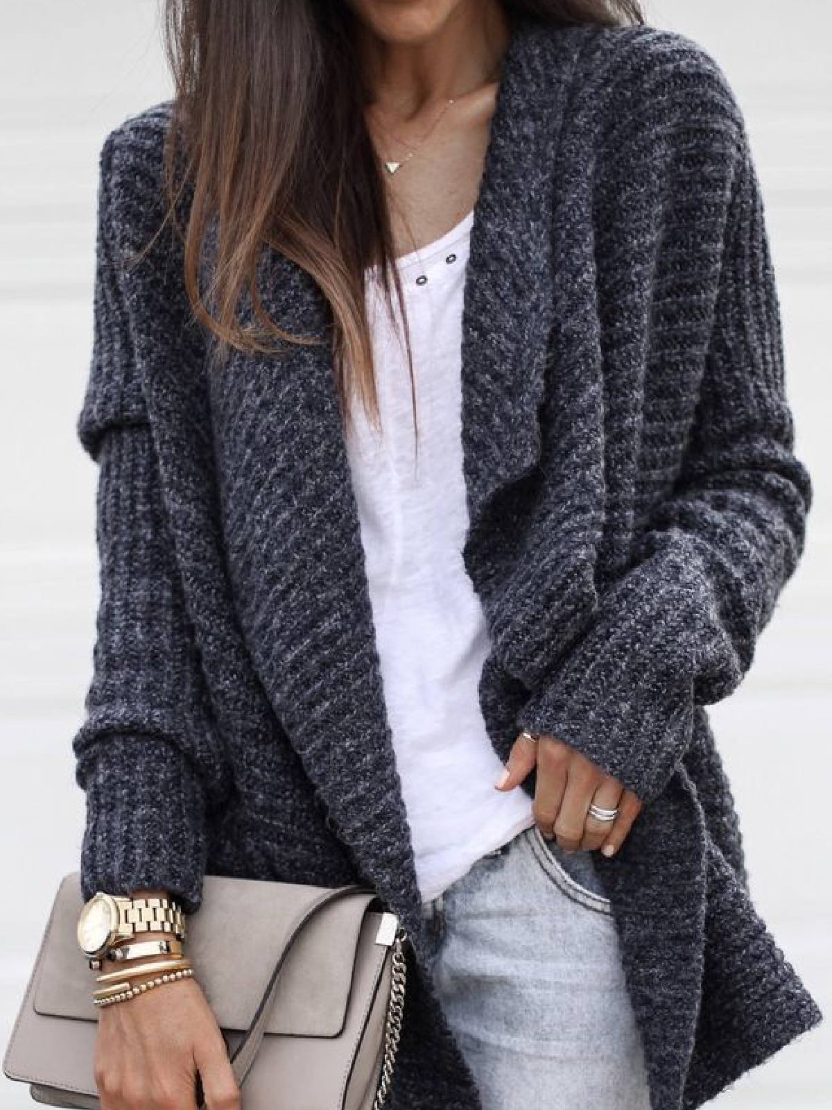 Women Deep Grey Knitted Solid Long Sleeve Coat