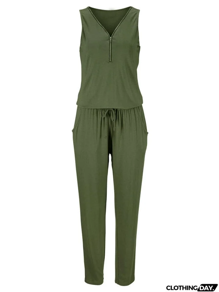 Pretty Sexy Zipper Sleeveless Solid Color Jumpsuit