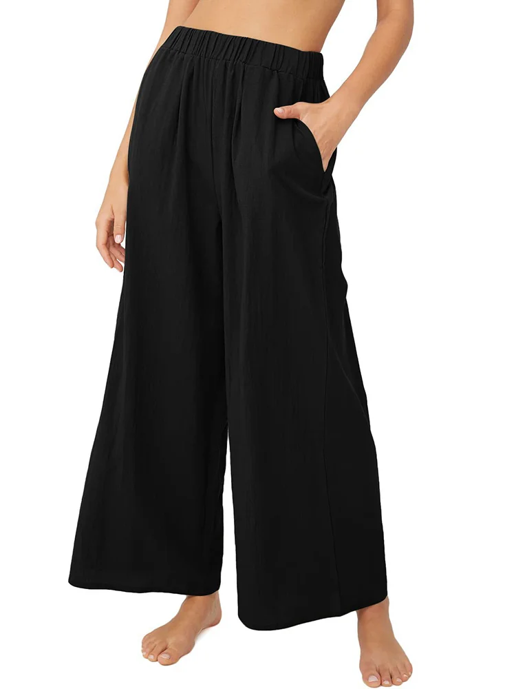 Solid Color Pocket Wide Leg Casual Pants