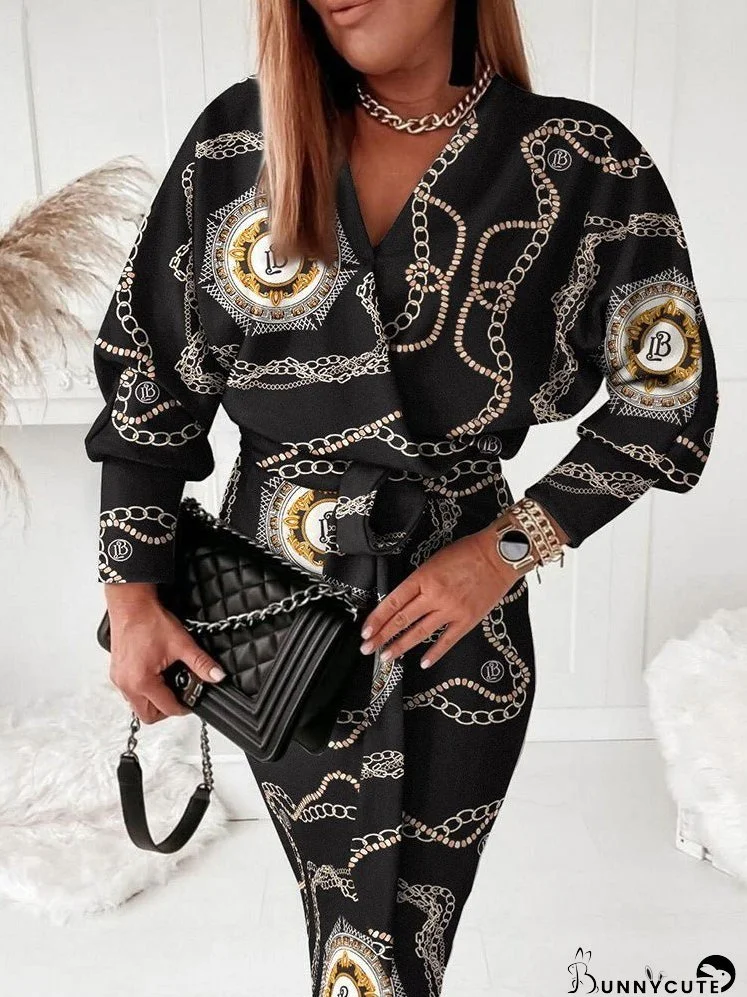 Dresses Chain Print V-Neck Tie Long Sleeve Dress for Women