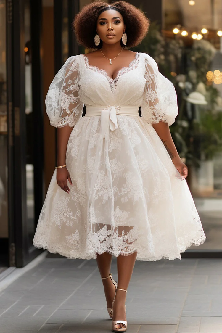 Xpluswear Design Plus Size Semi Formal White V Neck Puff Sleeve Short Sleeve See Through Pocket Lace Midi Dresses [Pre-Order] 2024 - Xpluswear