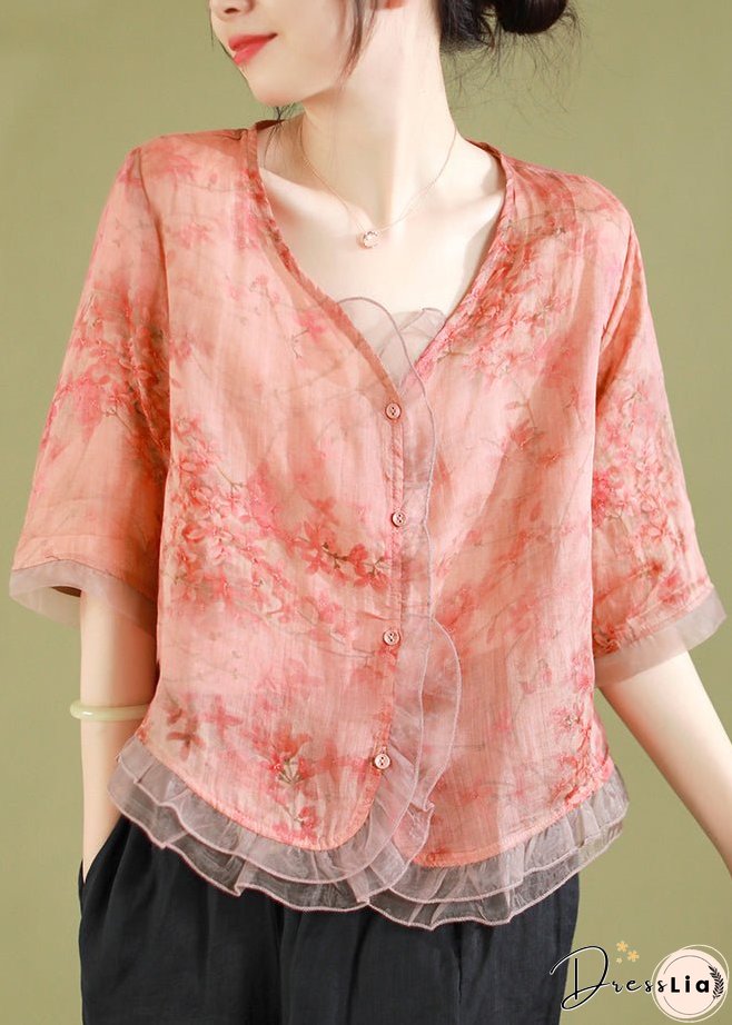 New Peach Style V Neck Button Tulle Patchwork Tops Summer
