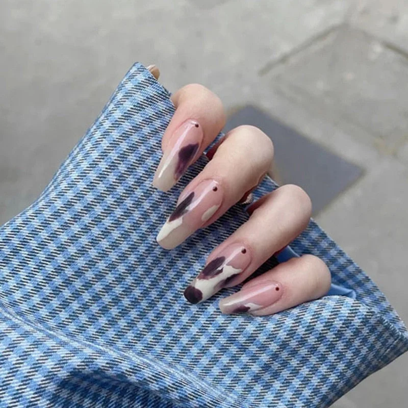 24pcs False Nails with Flower Print Mid-length Coffin Ballet Press on Nails Green Fake Nails Ballerina Women Wearable Manicure-Nail Inspo