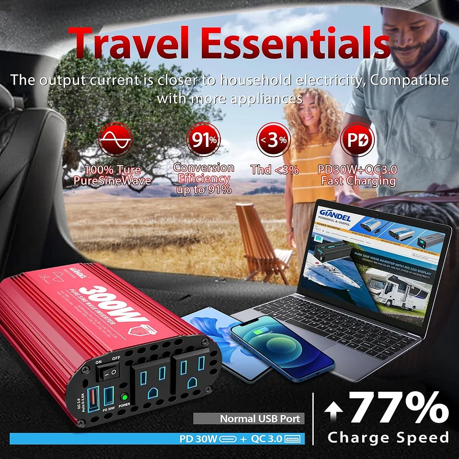 Invertitore Di Potenza 300W GIANDEL - Da 12V A 220V Per Auto, Con 2 USB E Display LED - Foto 10