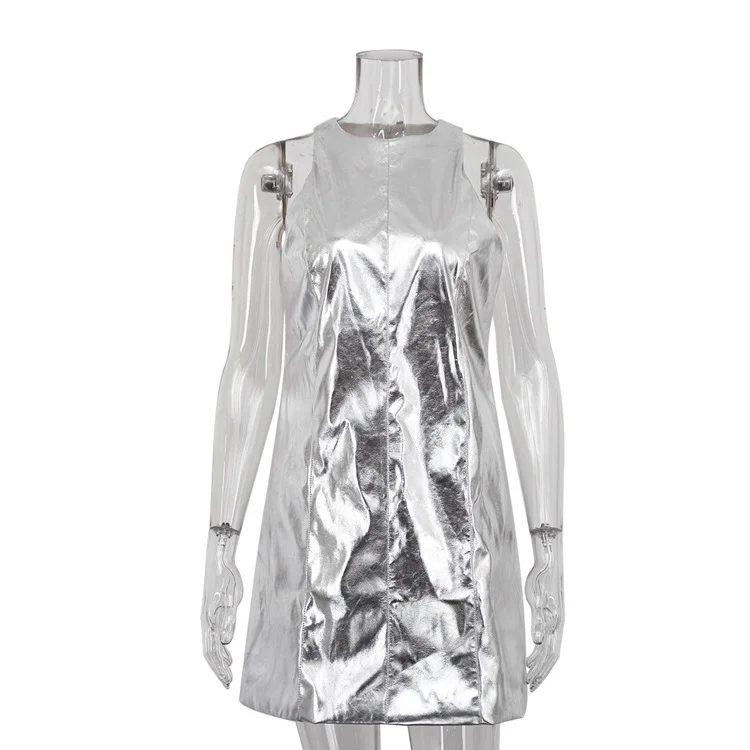 Ueong Ueong Summer Women's New Reflective Pu Leather Sexy Nightclub Vest Dress Sleeveless Short Dress