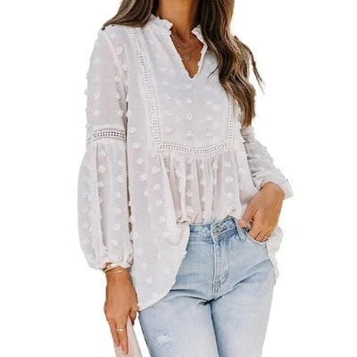 Summer Solid Tops Women Fashion Jacquard Stand Collar Long Sleeve Office Shirts Elegant Chic Casual Plus Size Chiffon Blouse