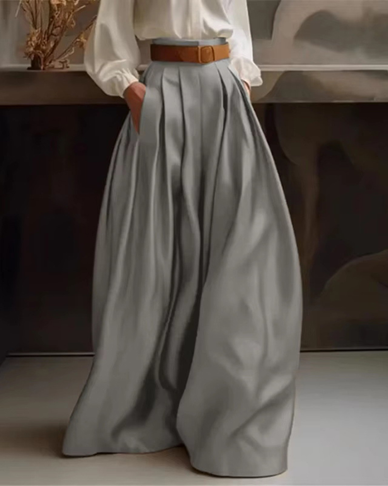 Pleated Design Solid Color Side Pockets Wide Leg Pants
