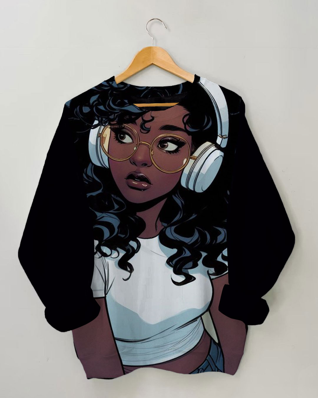 Women's Stylish Afro Girl with Headphones Print Long-sleeve Sweatshirt