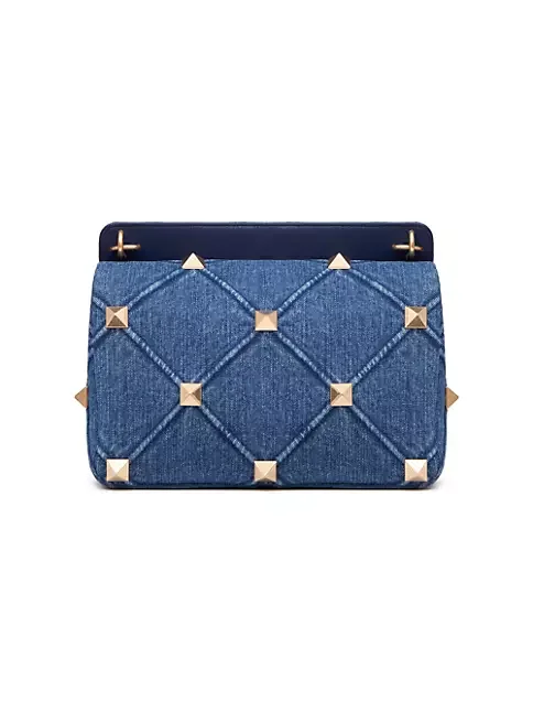 Valentino Garavani Large Roman Stud The Shoulder Bag In Denim With Chain