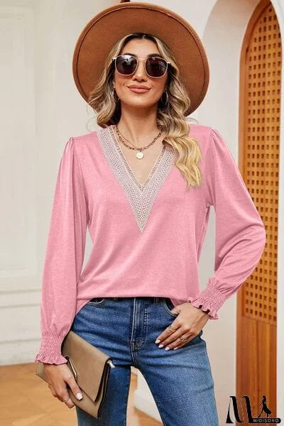 MidiSono - Lace Detail V-Neck Lantern Sleeve T-Shirt