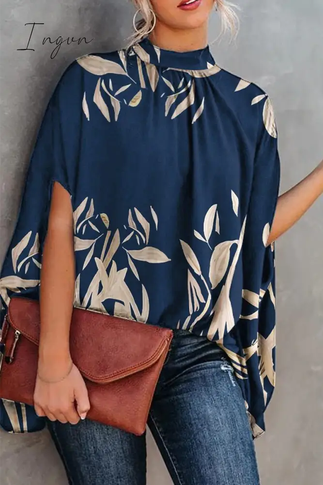 Ingvn - Fashion Print Split Joint Half A Turtleneck Tops(5 Colors) Blue / S Tops/Blouses & Shirts