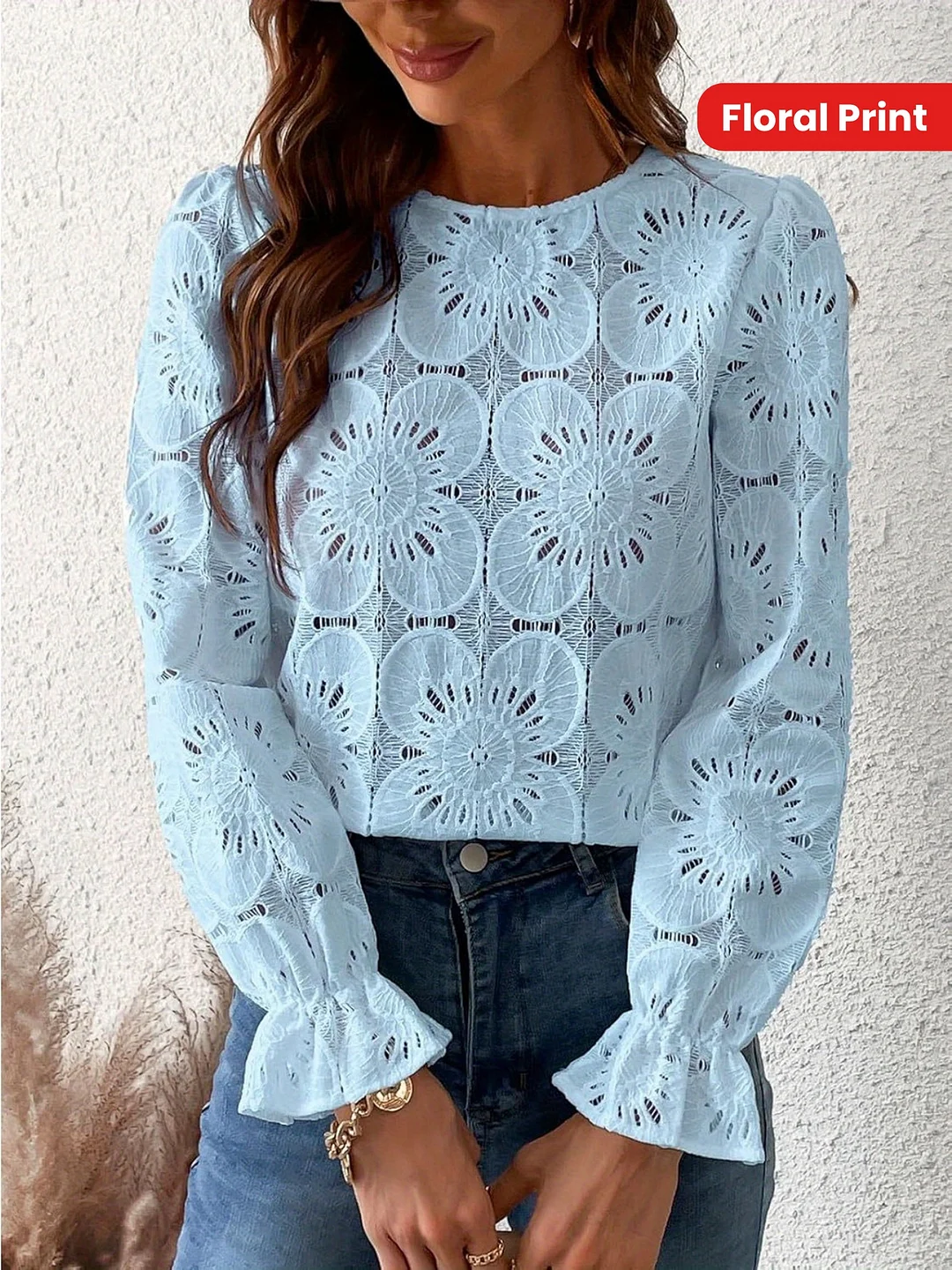 Light Blue Floral Print Crochet Lace Long Sleeve Shirt | Women's Relaxed Fit Round Neck Top With Hollow-Out Design, Machine Washable Spring Summer Casual Blouse | IFYHOME