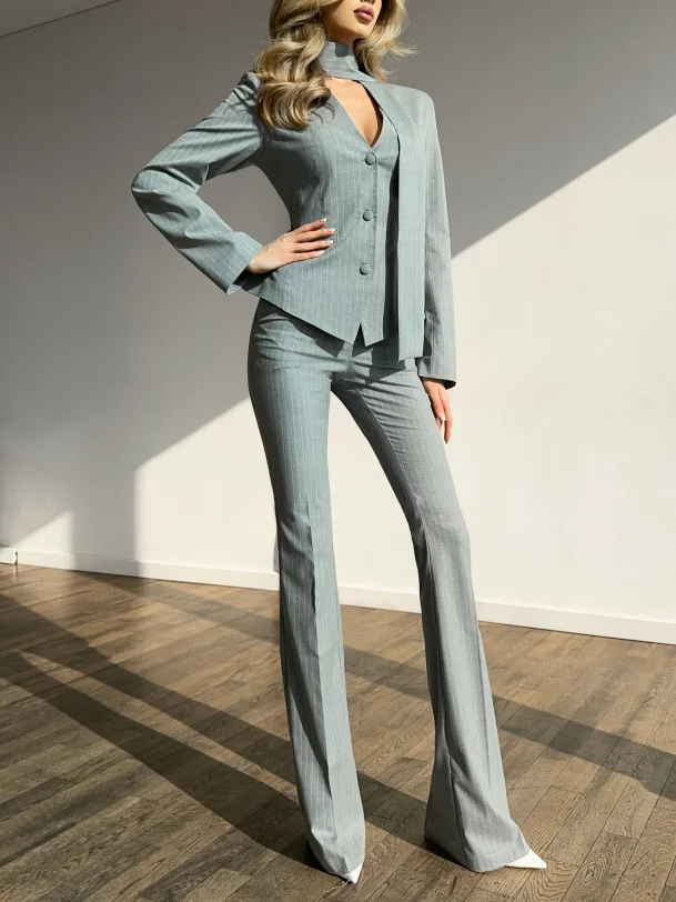 Striped V-neck Top & High-waisted Pants Set