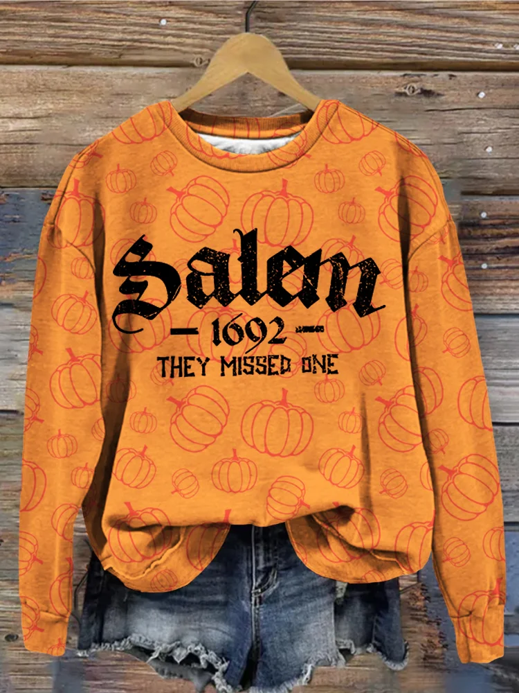 Salem 1692 They Missed One Witch Pumpkin Print Sweatshirt