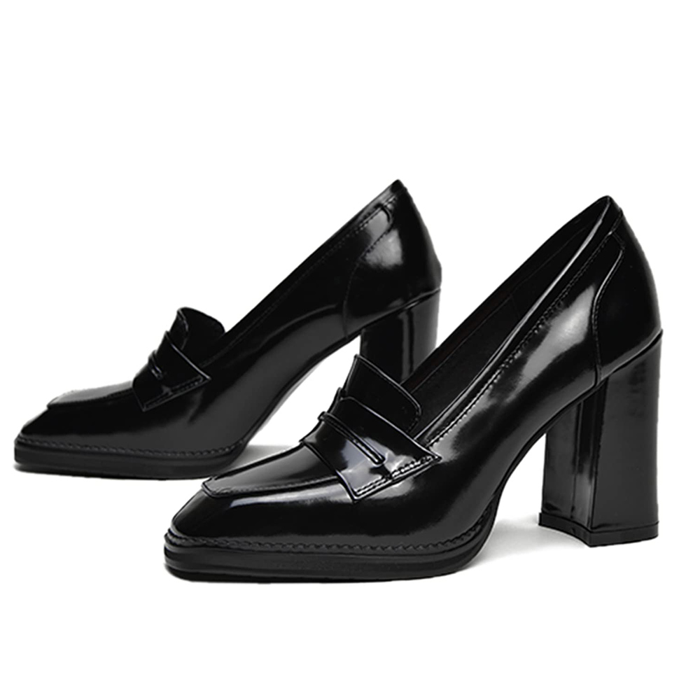 Classic Black Patent Leather Chunky Heel Penny Loafers for Women