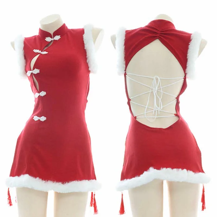 Hollow Out Lace Up Tassel Split Cheongsam Dress - Modakawa Modakawa