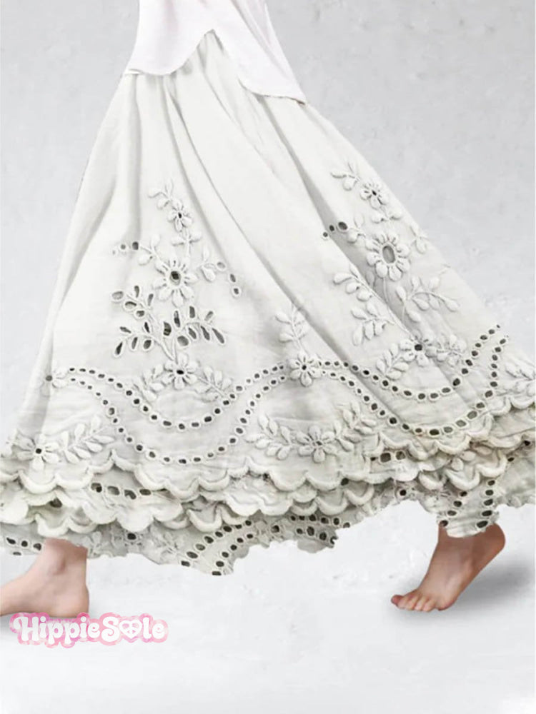 Women’s Vintage Floral Art Pattern Solid Color Loose Elegant 3D Printed Cotton And Linen Skirt