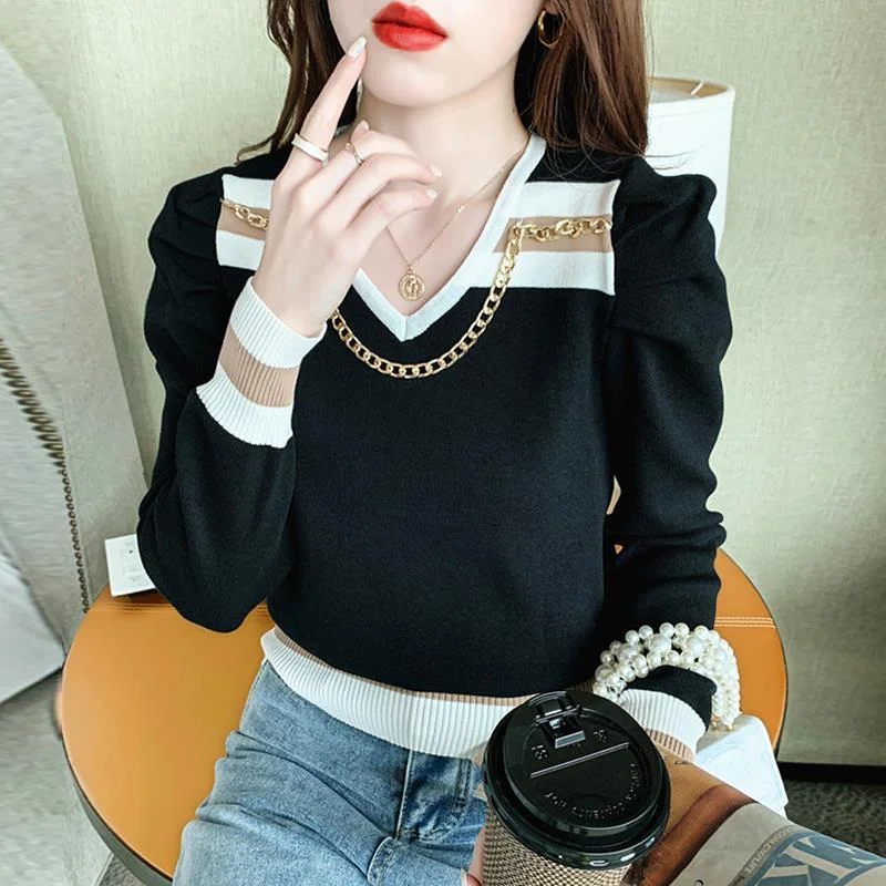 Jangj V-Neck Patchwork 2022 New Popularity All-match Spring Autumn Long Women's Clothing T-Shirts Comfortable Fashionable Trend