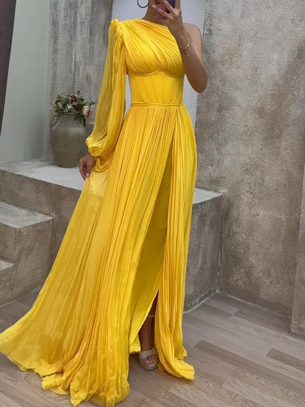 Yellow One Sleeve Sheer Detail Pleated Dress