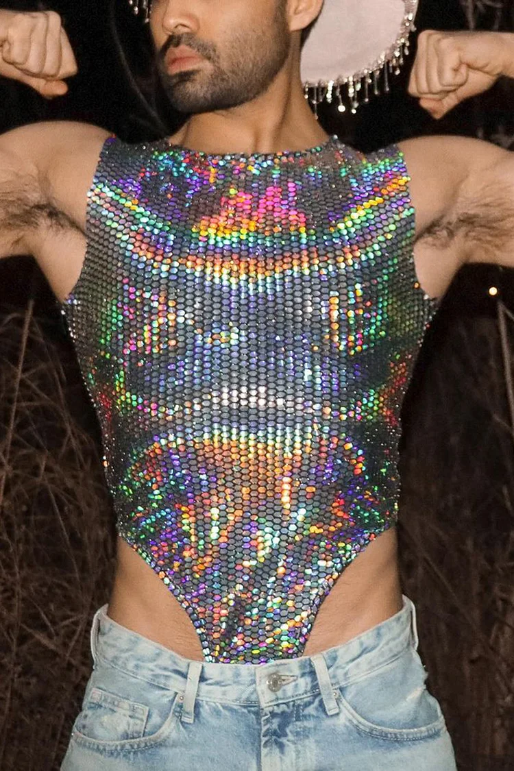 Ciciful Metallic Iridescent Print Glitter Slim Fit Festival Sleeveless Bodysuit