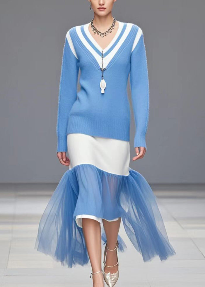 VCSHOES Sea Blue V Neck Patchwork Tulle Sweater Dress Winter
