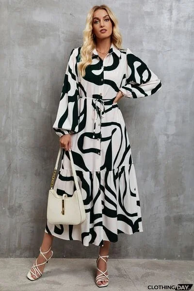 Tie-Waist Printed Button Up Dress