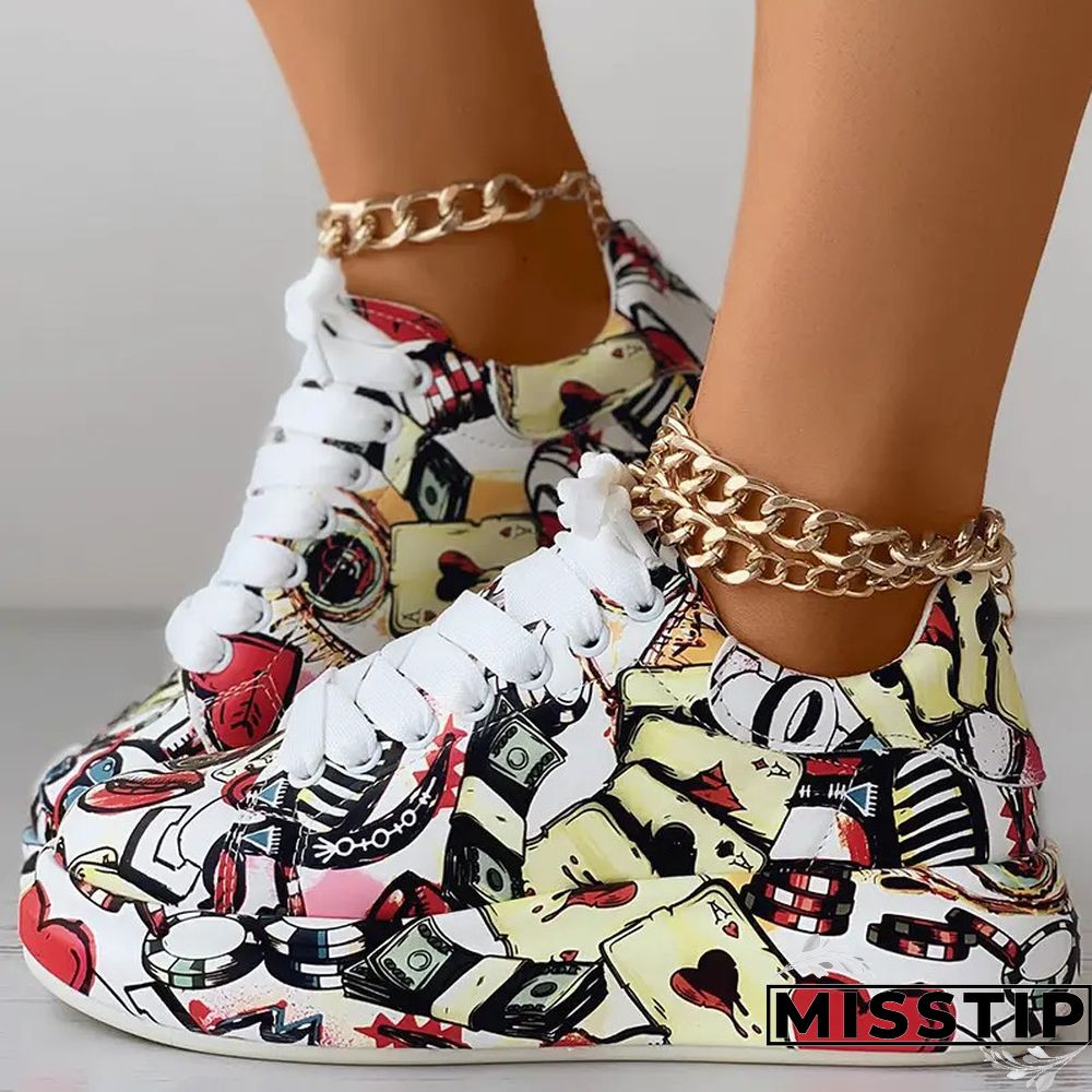 Black Fashion Casual Bandage Graffiti Round Comfortable Out Door Shoes