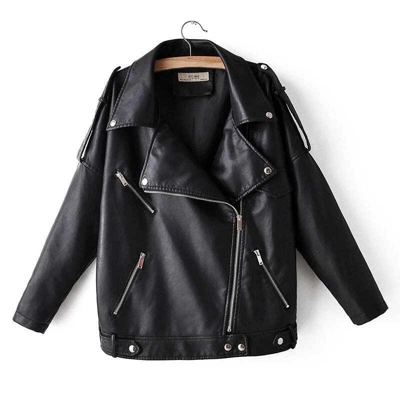 FTLZZ New Spring Pu Leather Jacket Women Moto Biker Lapel Zipper Warm BF Style Faux Leather Coat Loose Fashion Autumn Outwear