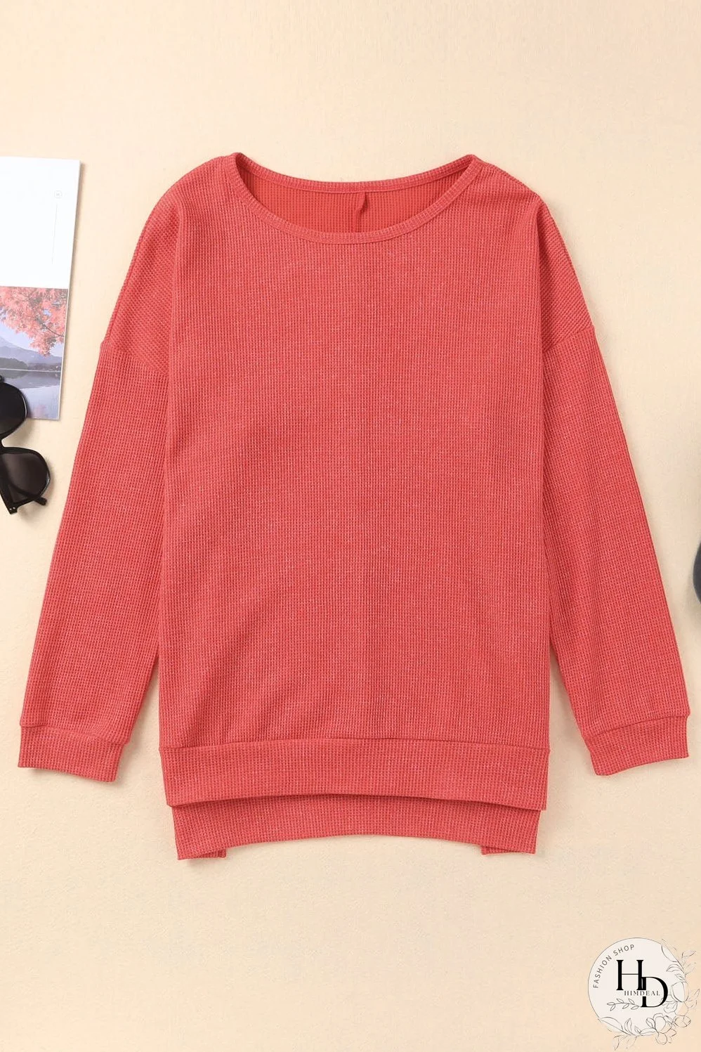 Washed Red Waffle Knit Side Slit Long Sleeve Top