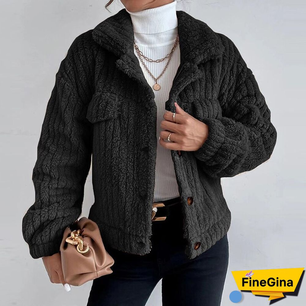 Women Elegant Fuzzy Coat Autumn Casual Long Sleeve Solid Outerwear Winter Fashion Lapel Single Breasted Loose Jackets Tops