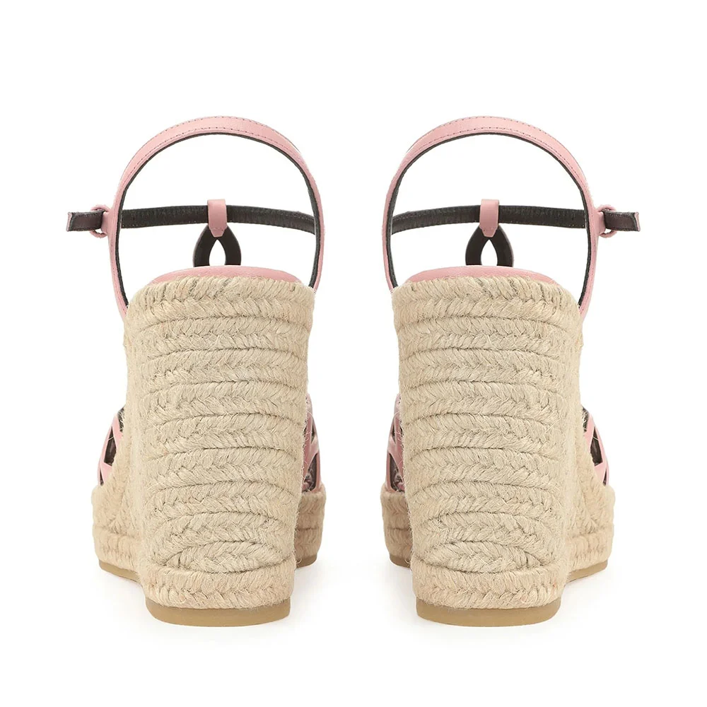 Pink Open Round Toe Platform Ankle Strap Wedge Sandals with Cut Out