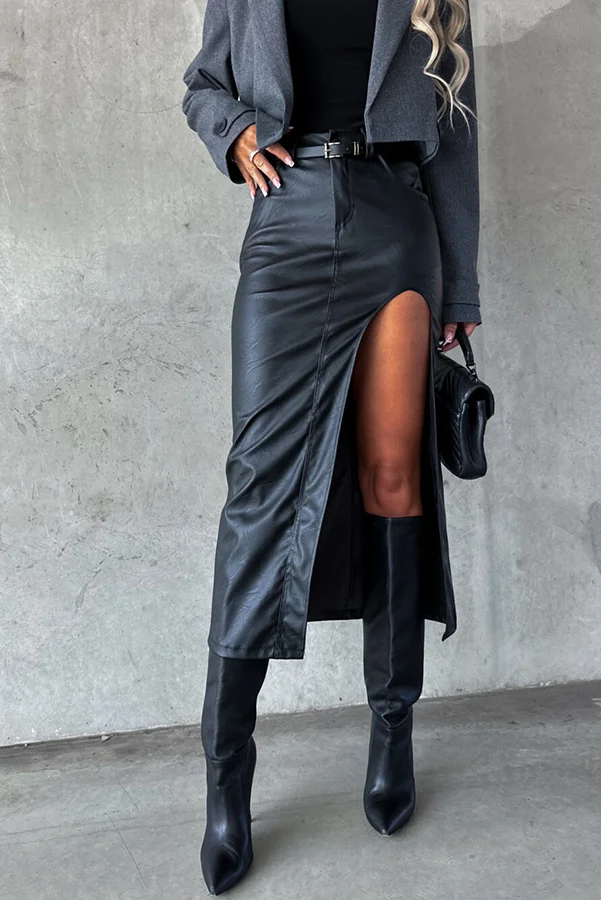 After Dark Faux Leather High Waist Slit Irregular Midi Skirt