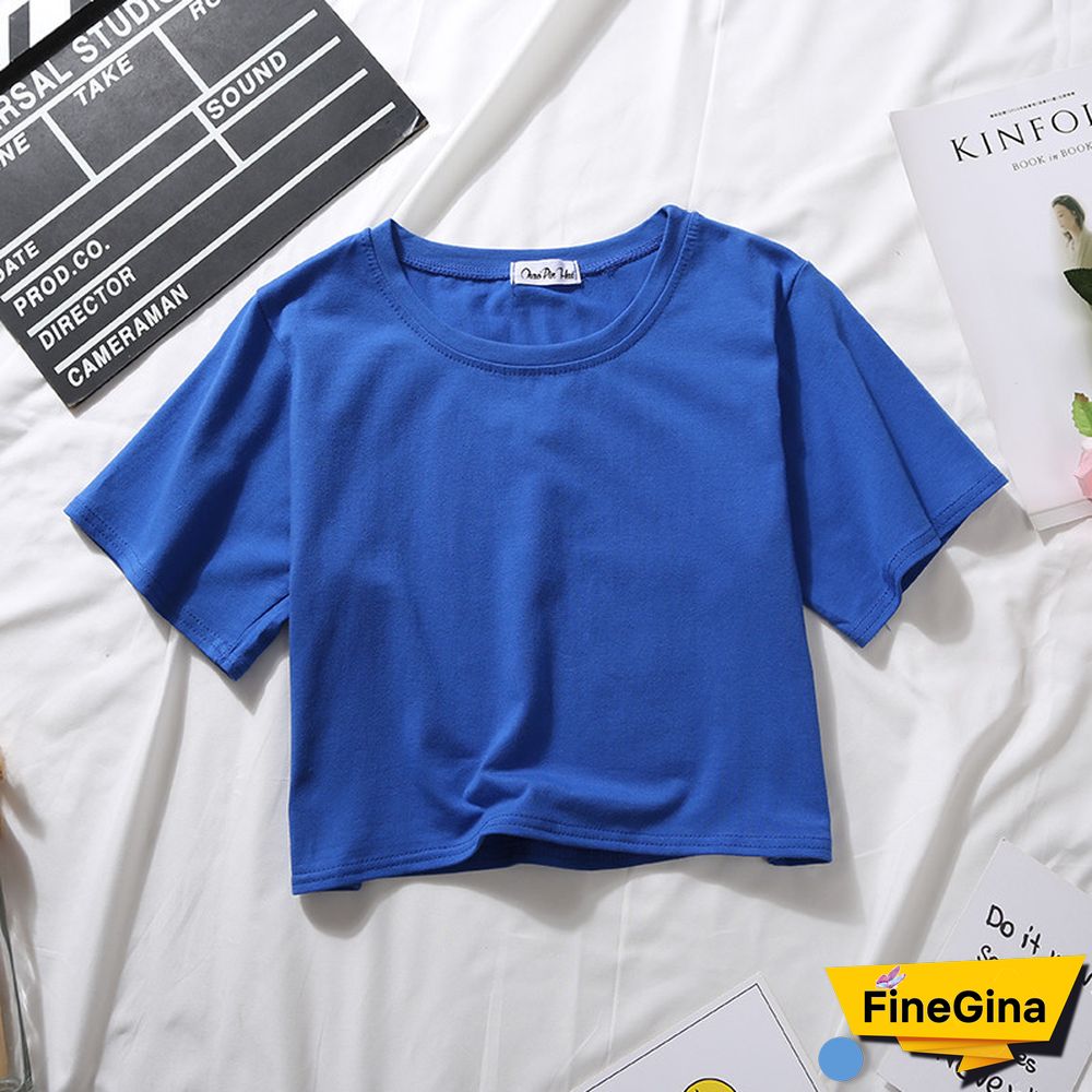 Summer Short Sleeve T Shirts Women Cotton Solid T-shirt O Neck High Waist Crop Top Tee Female Casual Loose T Shirt