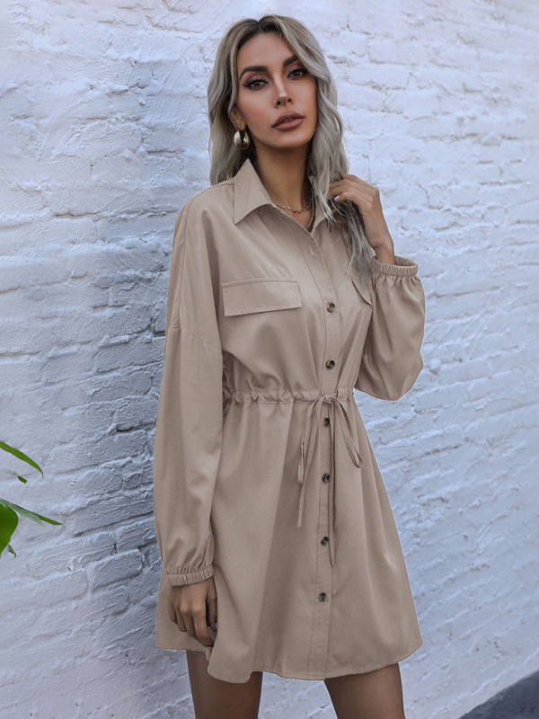 Mature Women Summer Casual Button-Down Long Sleeve Shirt Dress