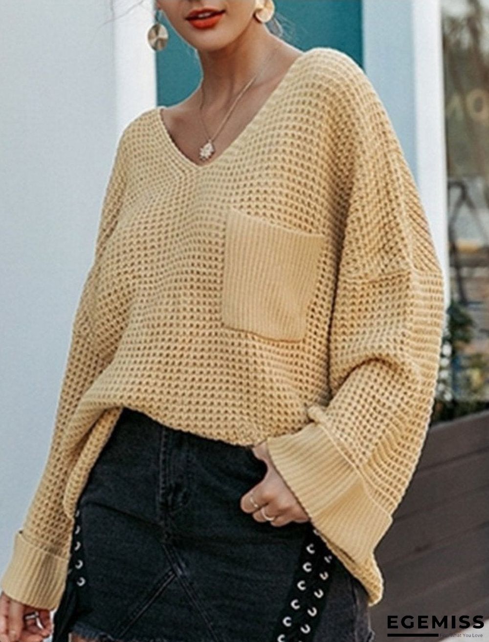 Casual Soft Pocket V-neck Long Sleeve Pullover | EGEMISS