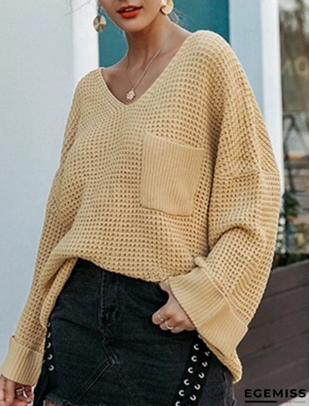 Casual Soft Pocket V-neck Long Sleeve Pullover | EGEMISS
