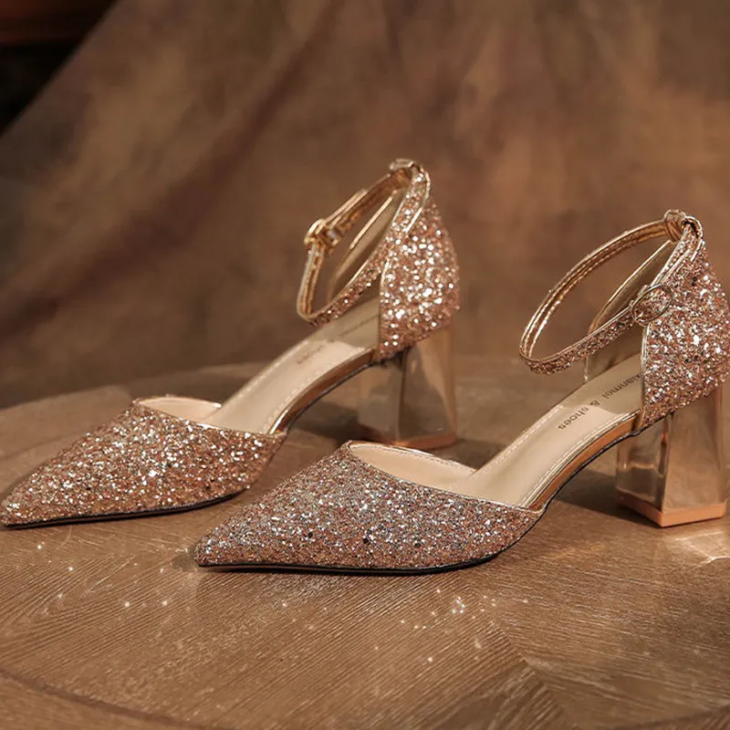 Breakj Breakj Shoes Crystal Shoes Women Wedding Shoes White Wedding Shoes Coarse Hedliers Buckle High Heels