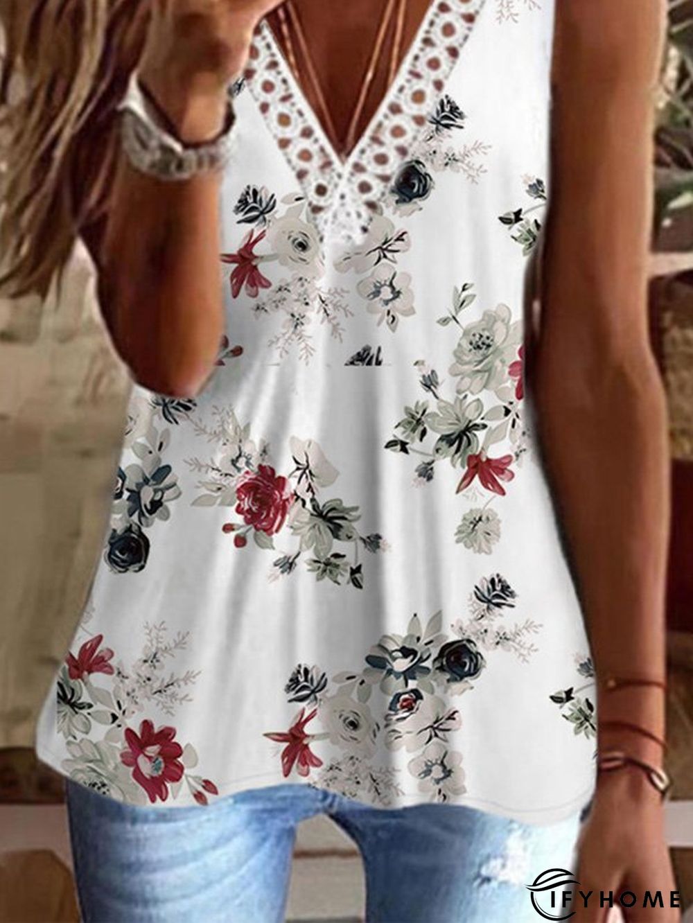 Floral Sleeveless V neck Casual Knit Tunic Tank | IFYHOME