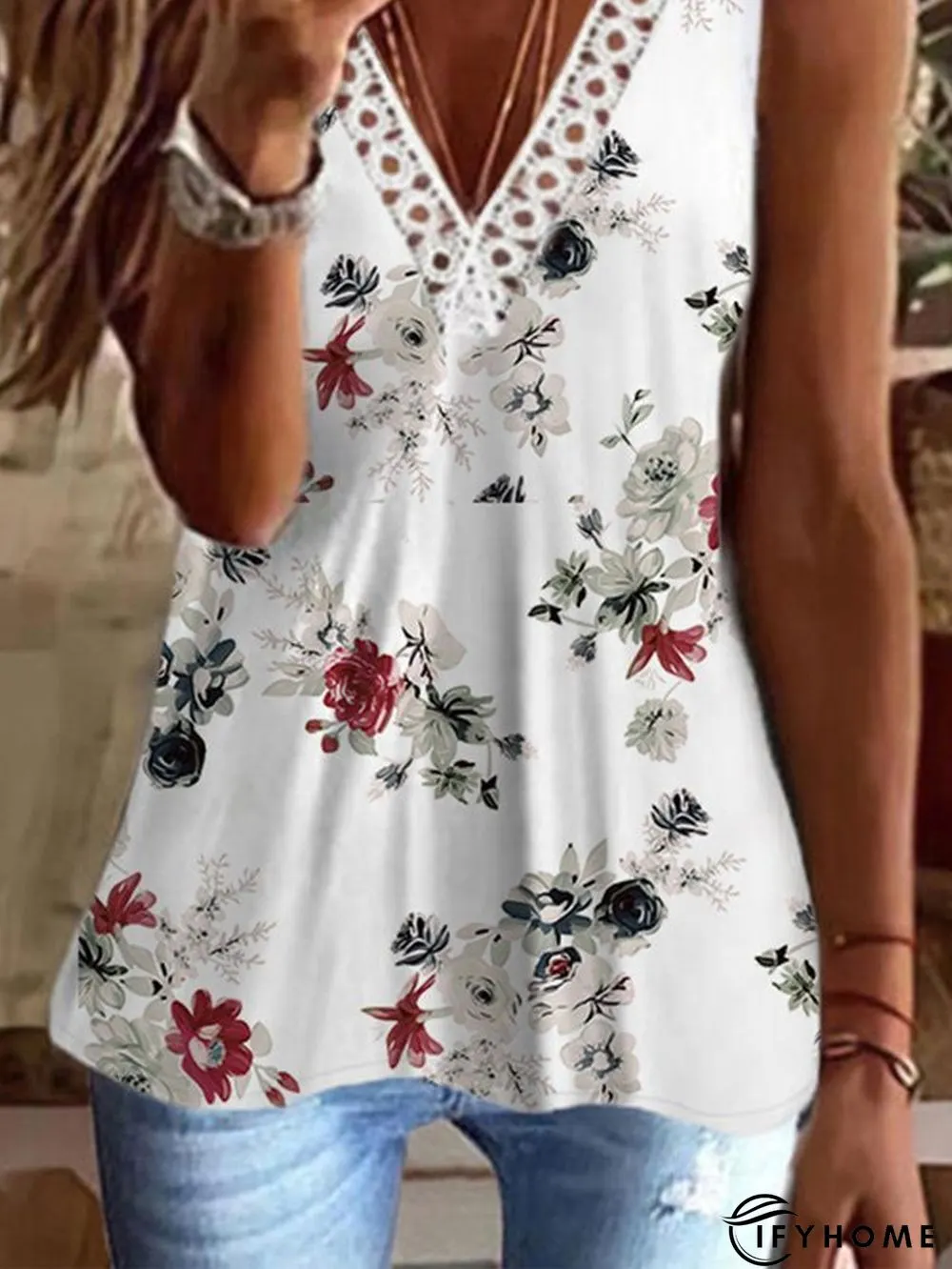 Floral Sleeveless V neck Casual Knit Tunic Tank | IFYHOME