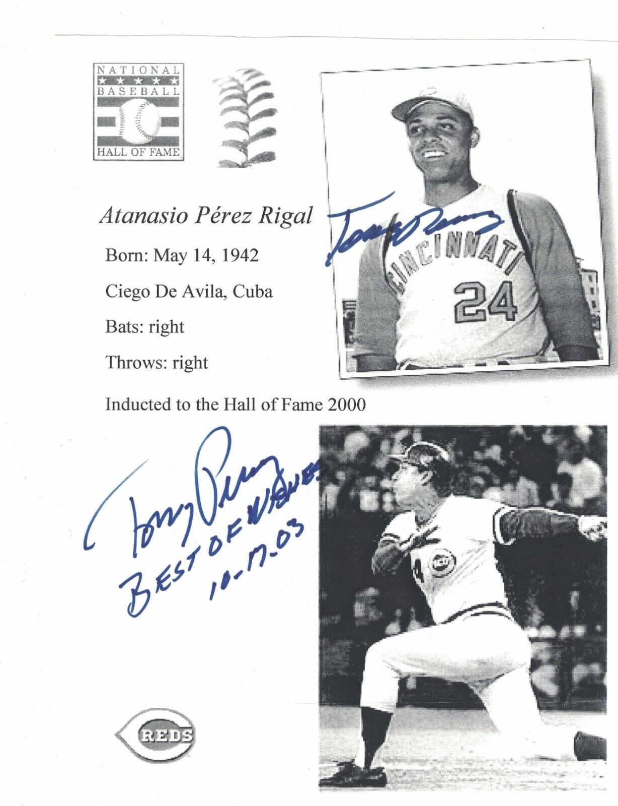 Tony Perez Cincinnati Reds HOF 2x Signed 7 3/4 x 10 Paper Photo Poster painting W/Our COA LML183